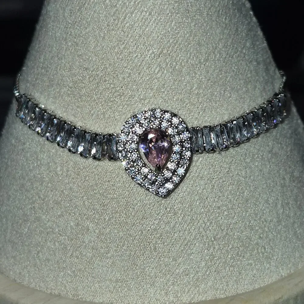 14KGP Gold Plated Pink Pear CZ Tennis Bracelet Adjustable Slide Halo Sparkle